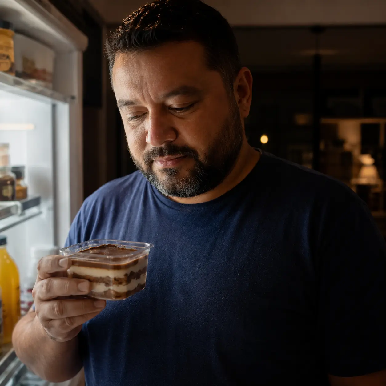 Homem com doce na frente da geladeira à noite